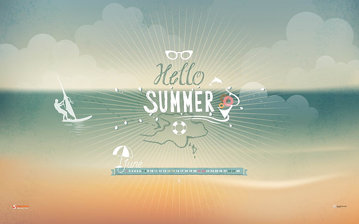 Hallo Sommer-Juni 2014 Kalendertapete, Strand mit Hallo Sommer-Text-Overlay, HD-Hintergrundbild