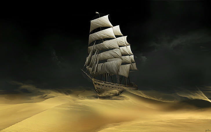 sand, sailing ship, sky, desert, fantasy art, dark, HD wallpaper