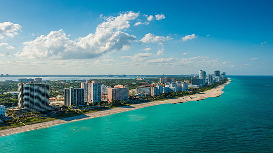 бетонни конструкции, плаж, нощ, палми, океан, Маями, Флорида, Флорида, град на замъка, Южен плаж, HD тапет HD wallpaper