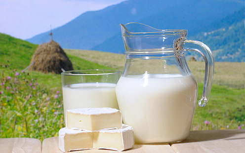 brocca di latte in vetro trasparente, latte, formaggio, brocca, Sfondo HD HD wallpaper