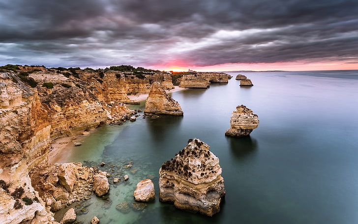 roca, amanecer, amanecer, Algarve, Océano Atlántico, Portugal, Fondo de pantalla HD