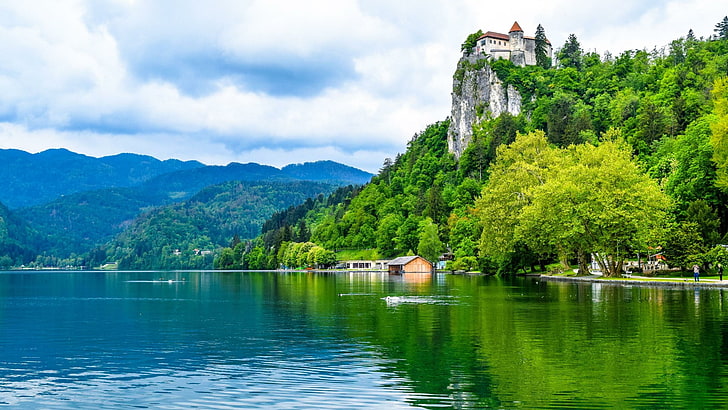 slovenia, forest, promontory, hill station, julian alps, alps, mountain, mountain lake, europe, castle, water, lake bled, tree, vegetation, sky, cloud, lake, bled, bled castle, nature, HD wallpaper