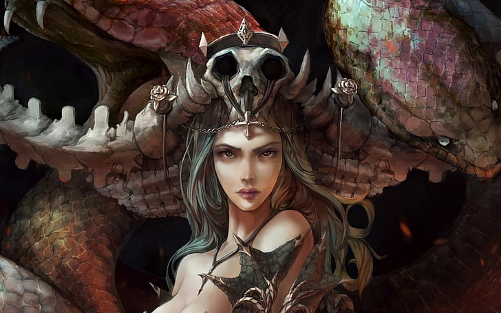 Dark Queen, art, fantasy, girl, bones, skull, HD wallpaper