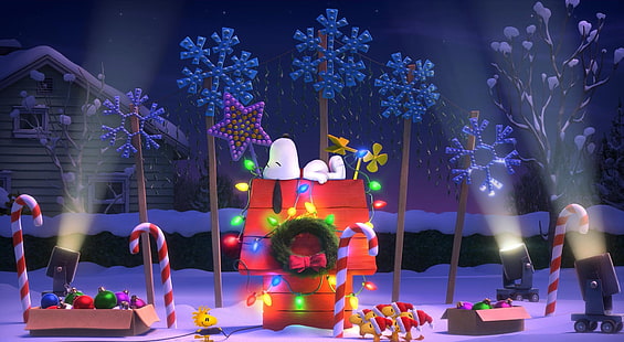 The Peanuts Christmas, red house illustration, Cartoons, Others, Christmas, Movie, Peanuts, 2015, snoopy, Sfondo HD HD wallpaper