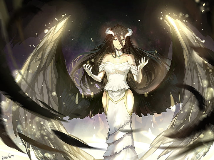 personagem de anime anjo vestido branco, Overlord (anime), Albedo (OverLord), asas, chifres, garotas de anime, anime, HD papel de parede