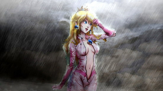 wanita mengenakan ilustrasi jas merah muda, ilustrasi karakter anime wanita berambut kuning, video game, Princess Peach, Super Mario, hujan, basah, pirang, mata biru, seni digital, karya seni, seni fantasi, Nintendo, Peach, kemeja terbuka, Wallpaper HD HD wallpaper