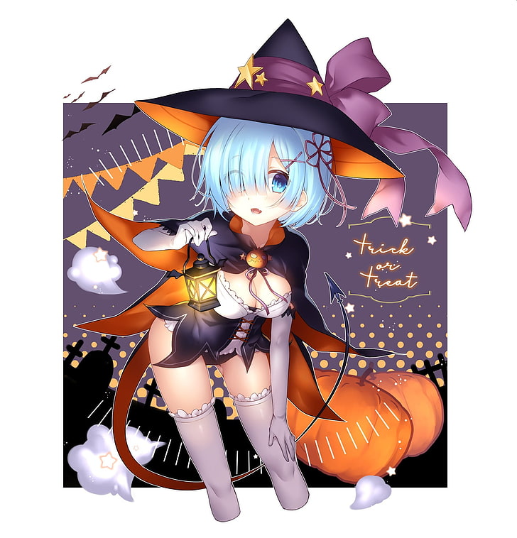 Halloween, witch hat, hat, witch, pumpkin, Re:Zero Kara Hajimeru Isekai Seikatsu, Rem (Re: Zero), tail, thigh-highs, lantern, white  background, HD wallpaper