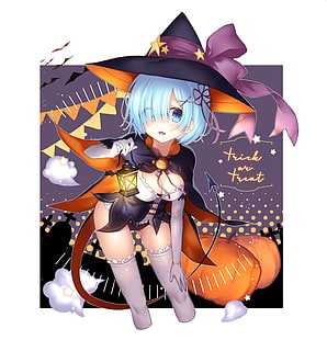 Halloween, witch hat, hat, witch, pumpkin, Re:Zero Kara Hajimeru Isekai Seikatsu, Rem (Re: Zero), tail, thigh-highs, lantern, white  background, HD wallpaper HD wallpaper