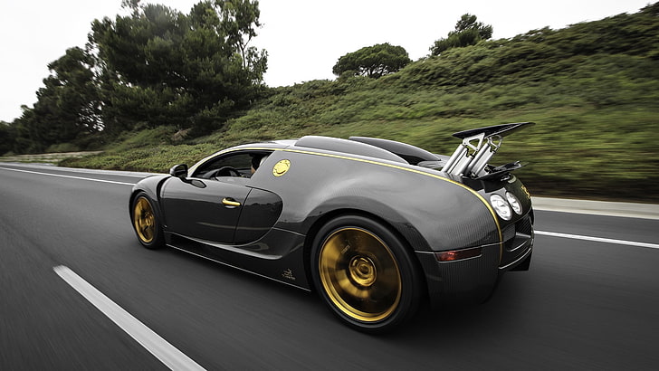 black supercar, bugatti, veyron, side view, HD wallpaper