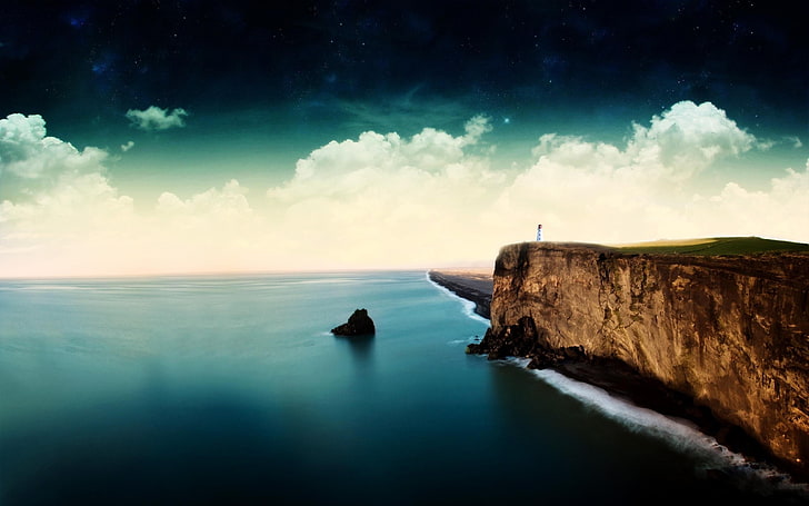 brown cliff, lighthouse, sea, cliff, clouds, stars, HD wallpaper