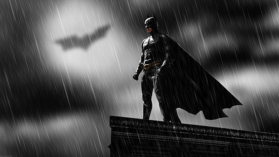 Batman illustration, Batman, rooftops, rain, Bat signal, MessenjahMatt, people, movies, The Dark Knight, HD wallpaper HD wallpaper