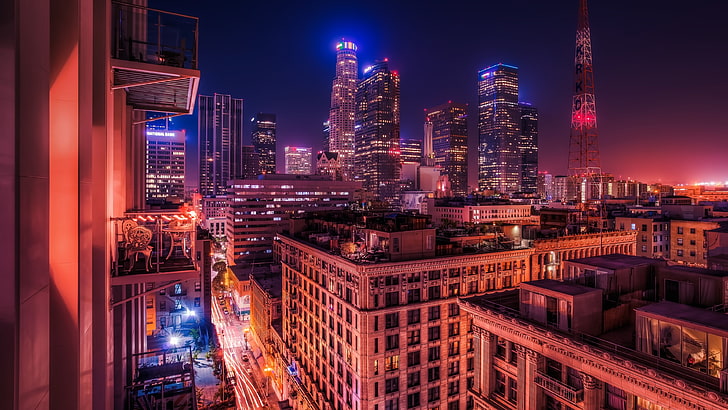 бетонные здания, Лос-Анджелес, город, балкон, HD обои