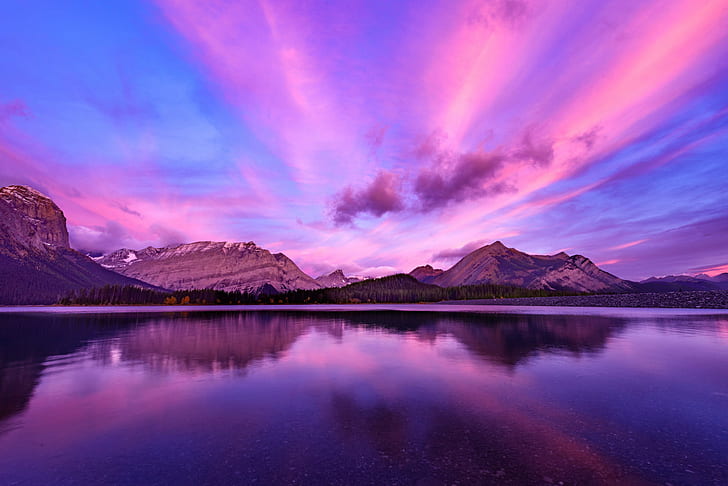 mountains surrounded by water under purple skies, kananaskis, kananaskis, Kananaskis, Sunrise, water, purple, skies, Peter Lougheed Provincial Park, Landscape, Seasons, Autumn, Reflections, Alberta, Mountains, Subject, Canada, Clouds, nature, mountain, lake, reflection, scenics, sky, sunset, outdoors, beauty In Nature, HD wallpaper