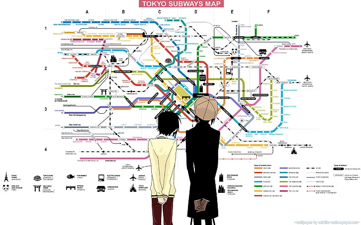 черноволосый мультипликационный персонаж, аниме, метро, ​​карта, диаграммы, Токио, HD обои