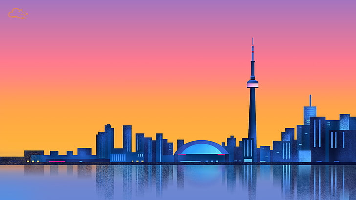 Edificio de gran altura, ilustración, ciudad, puesta de sol, minimalismo, reflexión, Toronto, Fondo de pantalla HD