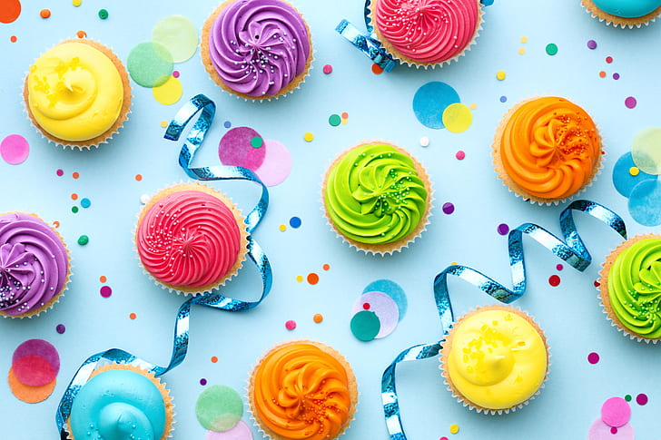 candele, colorato, arcobaleno, torta, crema, buon compleanno, colori, cupcake, celebrazione, cupcakes, decorazione, candela, compleanno, Sfondo HD