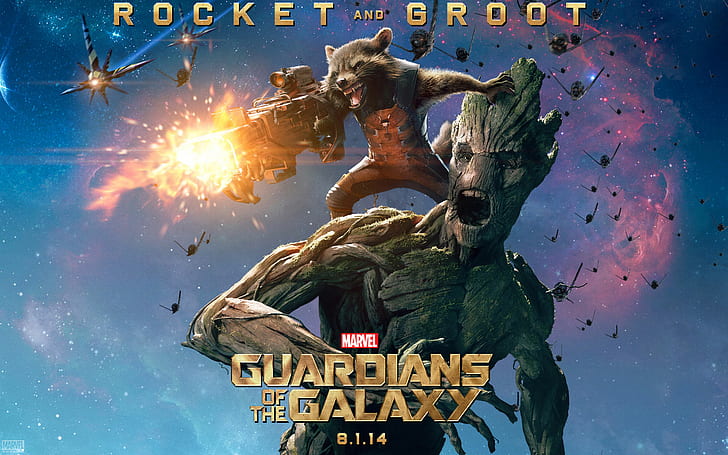 Groot, Rocket Raccoon, Guardians Of the Galaxy, Movies, groot, racket raccoon, пазители на галактиката, филми, HD тапет