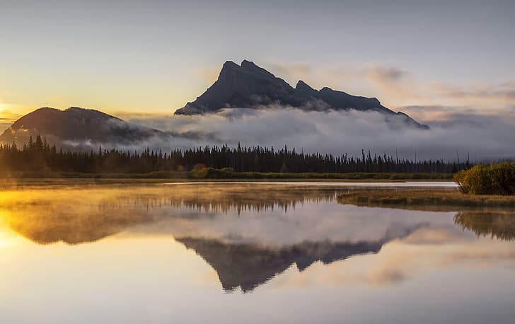 캐나다 로키산맥, 주홍빛 호수, 아침 안개, HD 배경 화면
