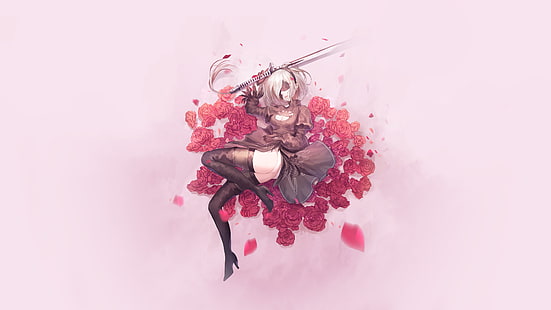 Nier: Automata, 2B (Nier: Automata), gadis dengan pedang, latar belakang sederhana, mawar, NieR, Wallpaper HD HD wallpaper