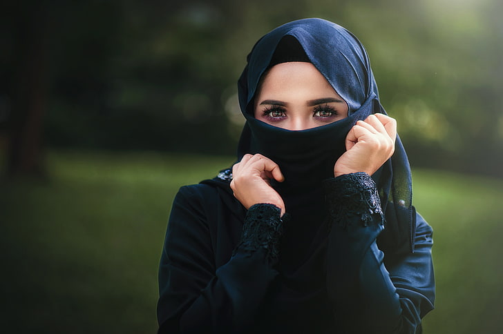 women's black hijab headdress, girl, hijab, islam, eyes, cute, HD wallpaper