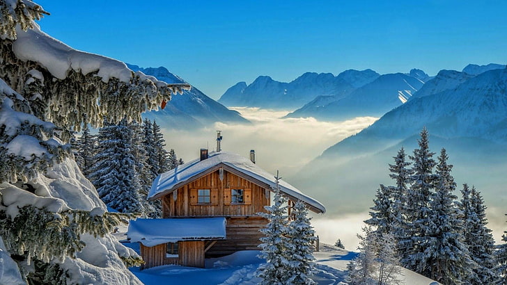 winter, mountain range, house, sky, snow, mountain, cabin, tree, massif, home, freezing, fir, hut, log cabin, HD wallpaper
