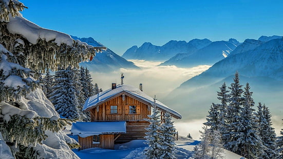 winter, mountain range, house, sky, snow, mountain, cabin, tree, massif, home, freezing, fir, hut, log cabin, HD wallpaper HD wallpaper
