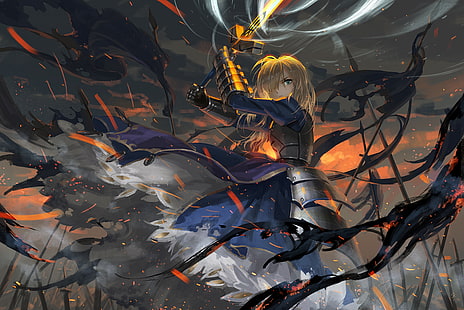 Seria Fate, Fate / Stay Night, Armor, Blonde, Excalibur, Sabre (Fate Series), Sword, Woman, Woman Warrior, Tapety HD HD wallpaper