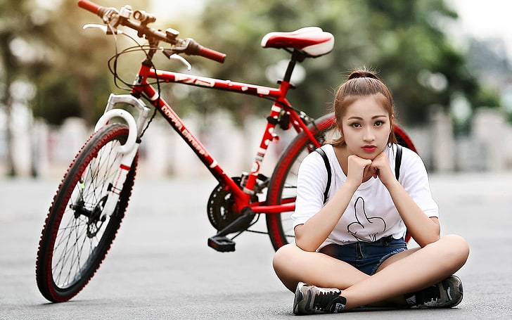 жени с велосипеди, азиатски, жени, модел, велосипед, HD тапет