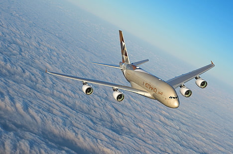Облаци, A380, Airbus, Etihad Airways, Airbus A380, пътнически самолет, Airbus A380-800, HD тапет HD wallpaper