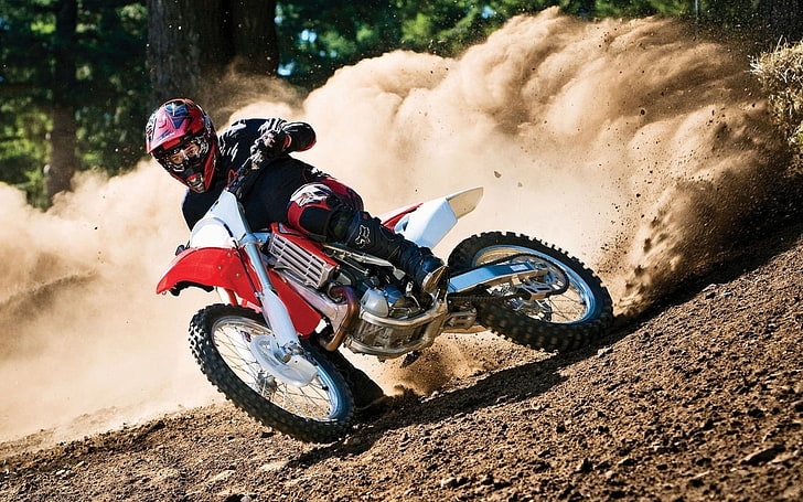 red and white motocross dirt bike, speed, drift, dust, race, HD wallpaper