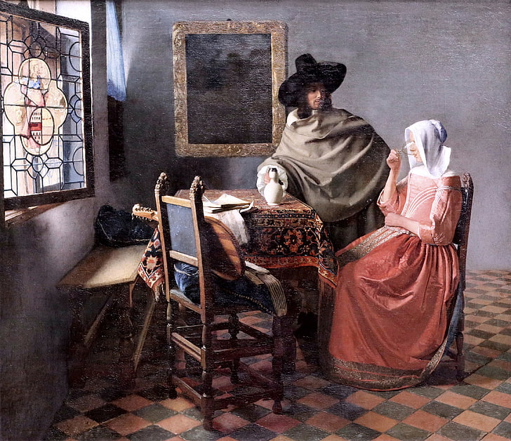 мужчина и женщина, живопись, картина, Йоханнес Вермеер, бокал вина, HD обои