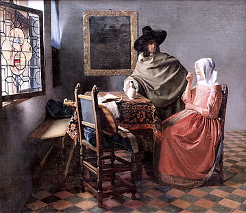мужчина и женщина, живопись, картина, Йоханнес Вермеер, бокал вина, HD обои HD wallpaper