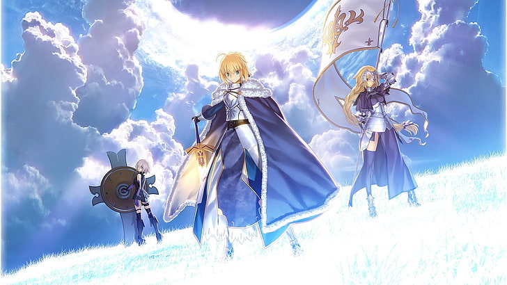 ثلاث شخصيات خيالية من ورق الحائط الرقمي ، Type-Moon ، Sabre ، Joan of Arc ، فتيات الأنيمي ، Shielder (Fate / Grand Order)، خلفية HD