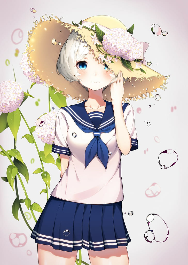 Anime, Anime Girls, Kantai Collection, Hamakaze (KanColle), graues Haar, blaue Augen, kurzes Haar, HD-Hintergrundbild, Handy-Hintergrundbild