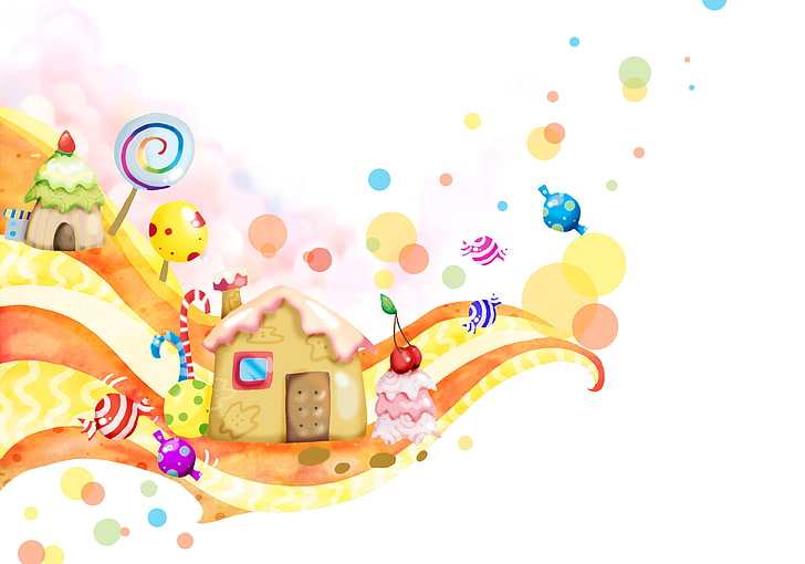 ilustracja wioski ciasteczek, fantasy, dom, słodycze, słodkie, lizaki, wirówka, tapeta dla dzieci, wiśnia, Tapety HD