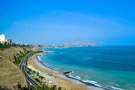 spiaggia, spiagge, cielo blu, lima, oceano, pacifico, perù, praia, mare, Sfondo HD HD wallpaper
