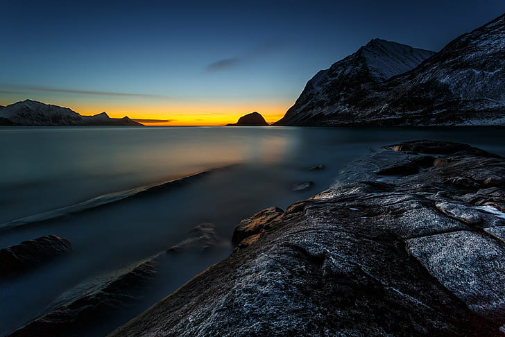 landscape photography of mountain near sea, norway, norway, haukland, at night, landscape photography, mountain, sea, Dual, ISO, beach, norway, norwegen, fjord, water, eos, Stein  stone, canon, landscape, sun, lofoten, europe, europa, nature, National  Geographic, 6d, long  exposure, color, Travel Photography, magic, light, deep, north, globetrotter, sunset, scenics, outdoors, dusk, lake, HD wallpaper