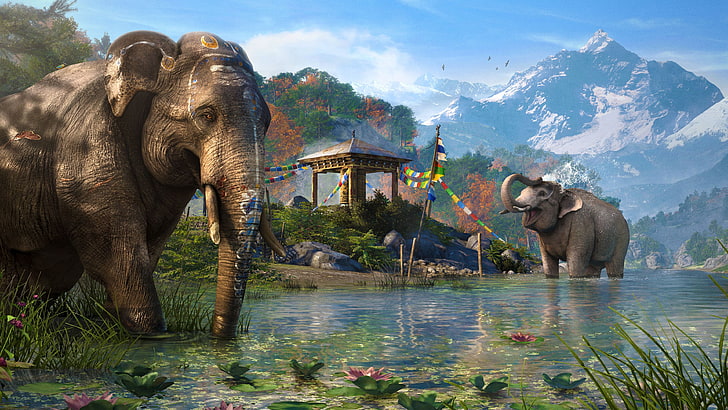zwei Elefanten am See malen, Far Cry 4, Kunstwerk, Videospiele, Far Cry, HD-Hintergrundbild