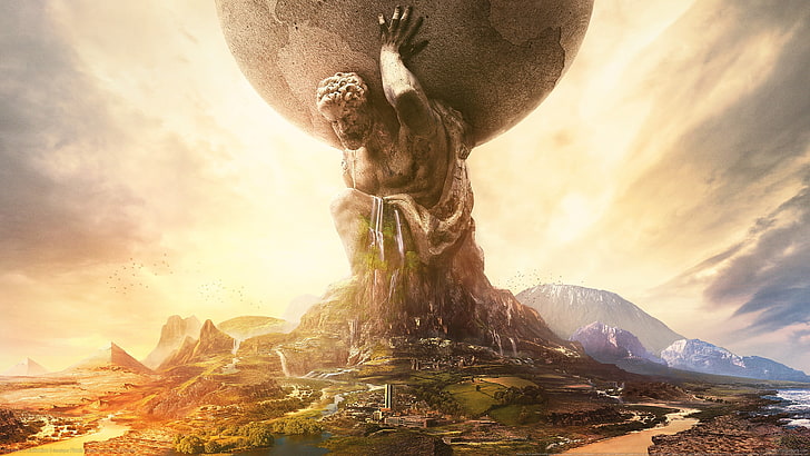 uomo gigante porta la statua della terra, Sid Meier's Civilization VI, fantasy art, opere d'arte, statua, paesaggio, nuvole, fiume, Civilization VI, videogiochi, Atlas (god), civ vi, Sfondo HD