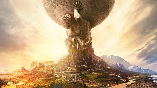 homme géant porter la statue de la terre, Sid Meier's Civilization VI, art fantastique, œuvres d'art, statue, paysage, nuages, rivière, Civilization VI, jeux vidéo, Atlas (dieu), civ vi, Fond d'écran HD HD wallpaper