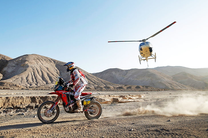 red and black dirt bike, Mountains, Sport, Helicopter, Race, Motorcycle, Racer, Moto, Rally, Dakar, HD wallpaper