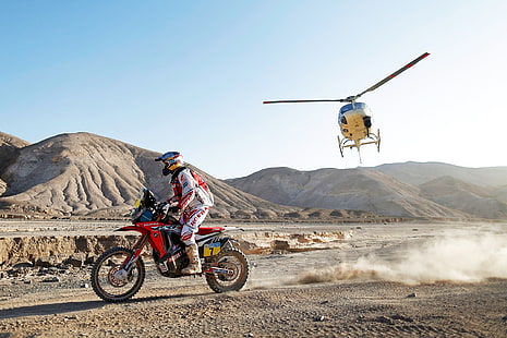 röd och svart smutscykel, berg, sport, helikopter, lopp, motorcykel, racer, moto, rally, Dakar, HD tapet HD wallpaper
