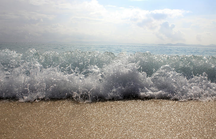 waves, beach, sand, sunlight, HD wallpaper