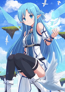 Иллюстрация Асуны, аниме, аниме девушки, Sword Art Online, Юки Асуна, эльфы, длинные волосы, синие волосы, голубые глаза, чулки, HD обои HD wallpaper