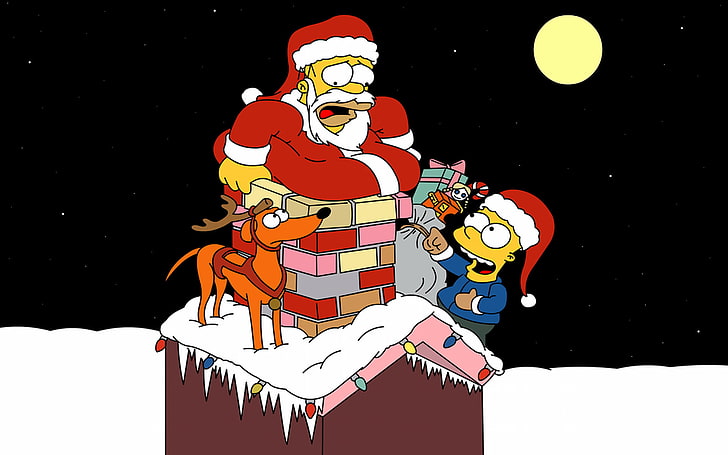 Simpson's wallpaper, winter, mustache, stars, snow, night, mood, holiday, Wallpaper, the moon, new year, Christmas, the situation, dog, deer, icicles, belly, pipe, costume, the simpsons, gifts, horns, beard, Santa Claus, Homer, bag, Santa, garland, 1920x1200, Bart, xmas, homer simpson, HD wallpaper