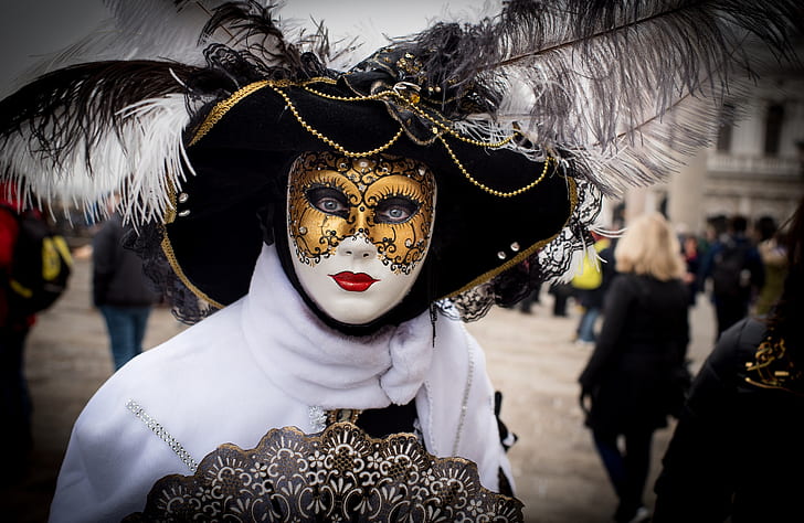 feathers, mask, Venice, outfit, carnival, HD wallpaper