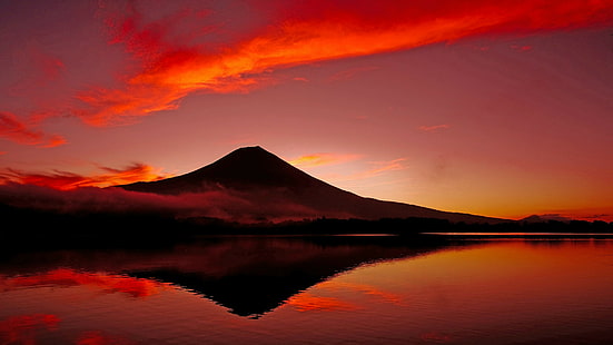 湖、アジア、湖、富士宮、静岡、穏やか、富士、夕暮れ、富士山、本州、地平線、赤い空、夕日、湖、夕暮れ、反射、自然、日本、残光、空、燃えるような夕日、赤い雲、 HDデスクトップの壁紙 HD wallpaper