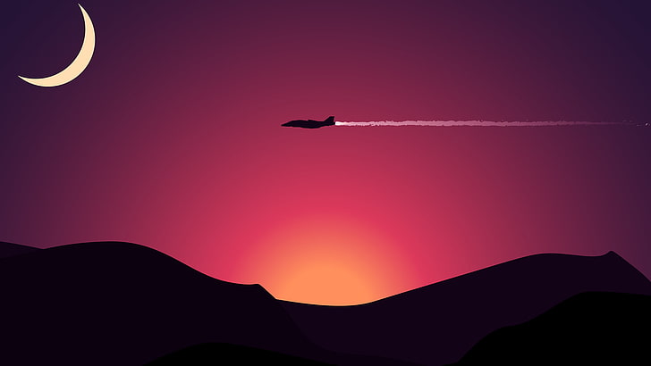sunset, contrails, airplane, HD wallpaper