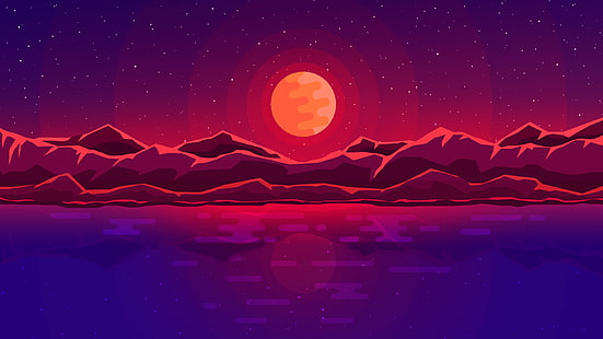 bulan merah dengan wallpaper gunung, badan air selama malam ilustrasi, seni digital, ruang, langit, abstrak, pegunungan, refleksi, sinar bulan, bulan, Wallpaper HD HD wallpaper