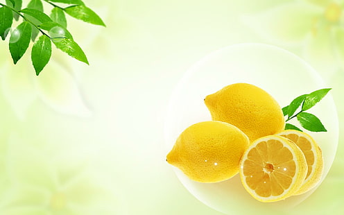 Zitrone, Früchte, Zitrone, Gelb, 3d, Scheibe, Blatt, Lebensmittel, 3d und Zusammenfassung, HD-Hintergrundbild HD wallpaper